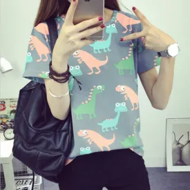 Korean Retro Animal Dinosaur Printing T shirt Women 2017 Summer Japanese Harajuku Style Short-sleeved T-shirt Woman Tops S-XL