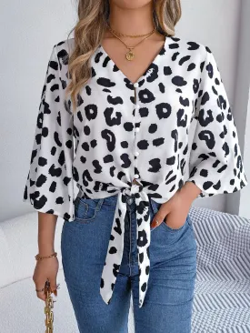 Leopard Sleeve Button 3/4 Neck Print Casual V Front Women's Blouse