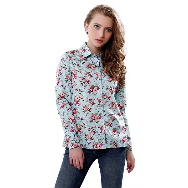 lollas New Women's Floral Print Blouses Cotton Shirts Women Vintage Turn-Down Collar Tops Ladies Work Long Sleeve Blouse