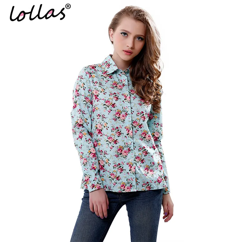 lollas New Women's Floral Print Blouses Cotton Shirts Women Vintage Turn-Down Collar Tops Ladies Work Long Sleeve Blouse