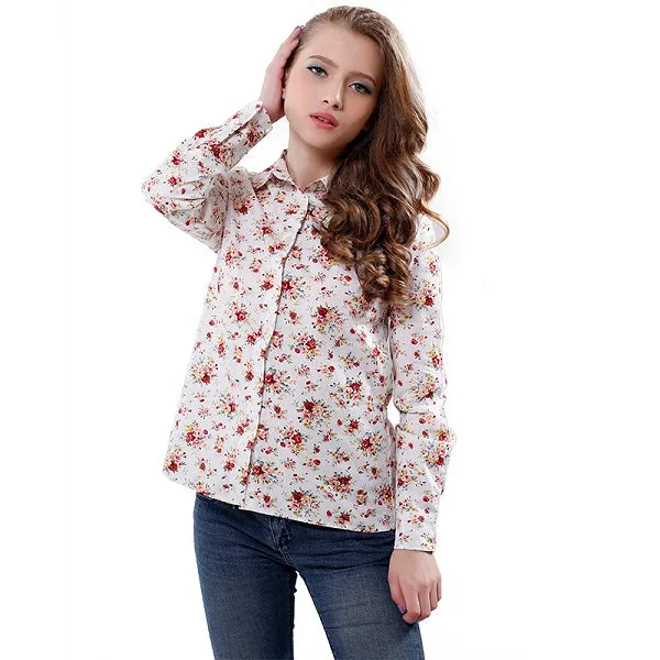 lollas New Women's Floral Print Blouses Cotton Shirts Women Vintage Turn-Down Collar Tops Ladies Work Long Sleeve Blouse