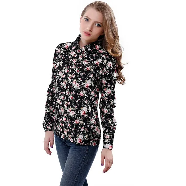 lollas New Women's Floral Print Blouses Cotton Shirts Women Vintage Turn-Down Collar Tops Ladies Work Long Sleeve Blouse