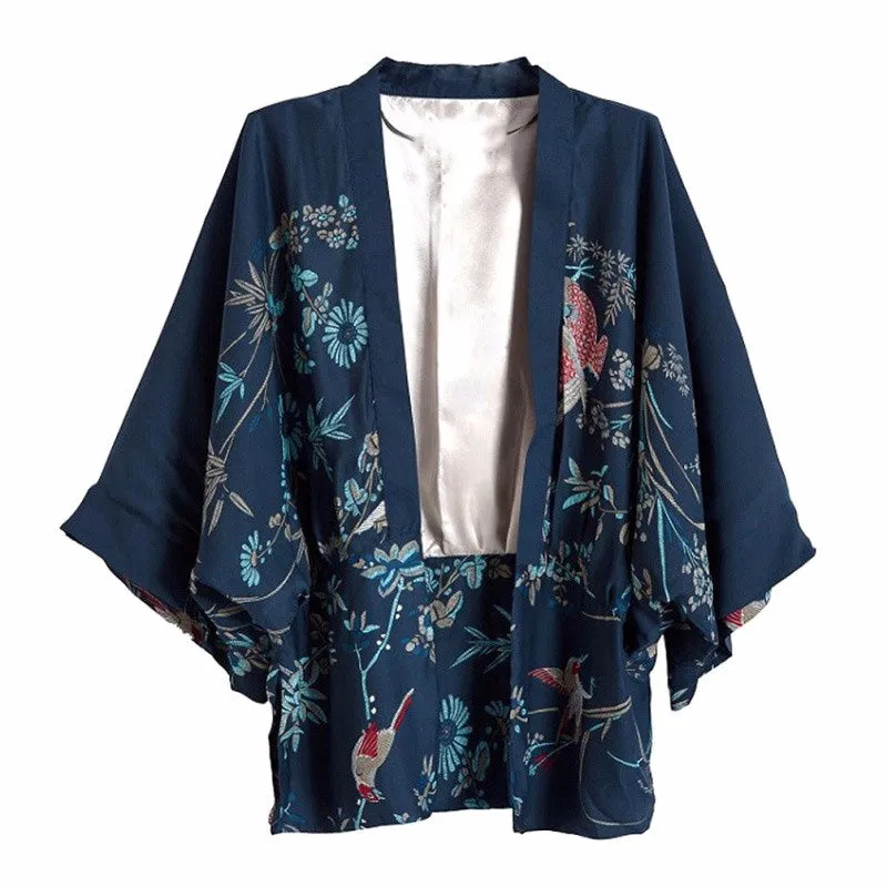 Lychee Harajuku Summer Women Japanese Kimono Phoenix Printed Bat Sleeve Loose Cardigan Sun Protection Blouse