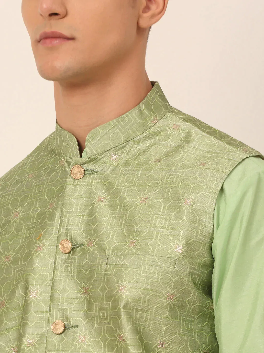 Men Beige & Golden Woven Design Nehru Jackets-Jowc_4045Pista