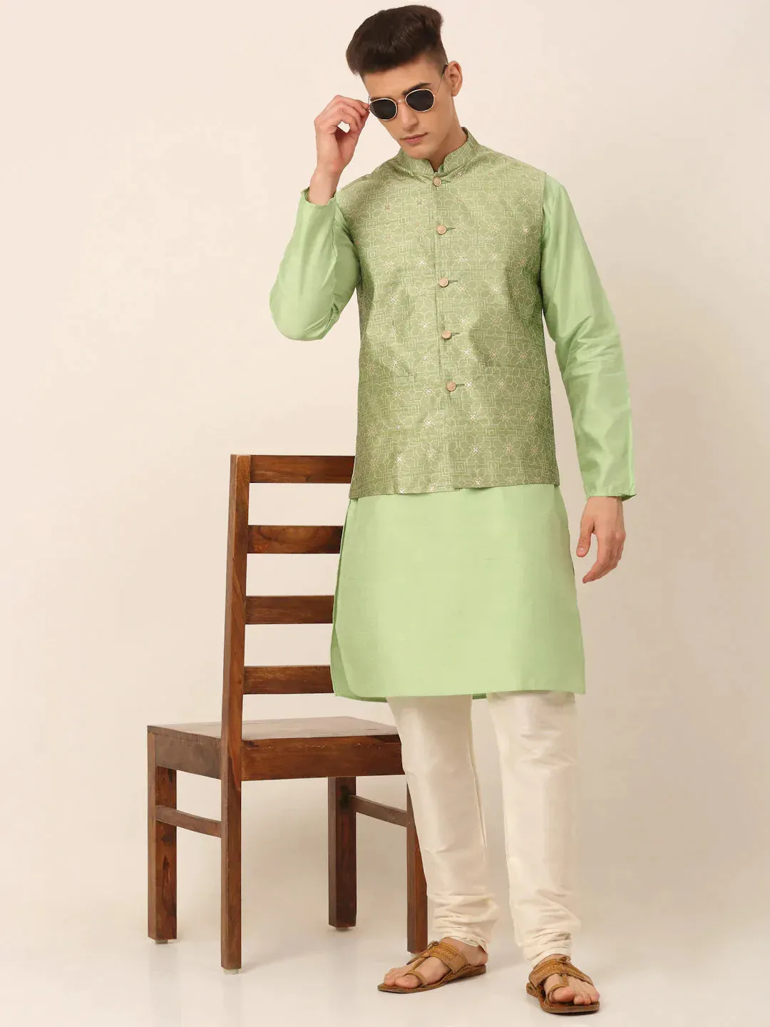 Men Beige & Golden Woven Design Nehru Jackets-Jowc_4045Pista