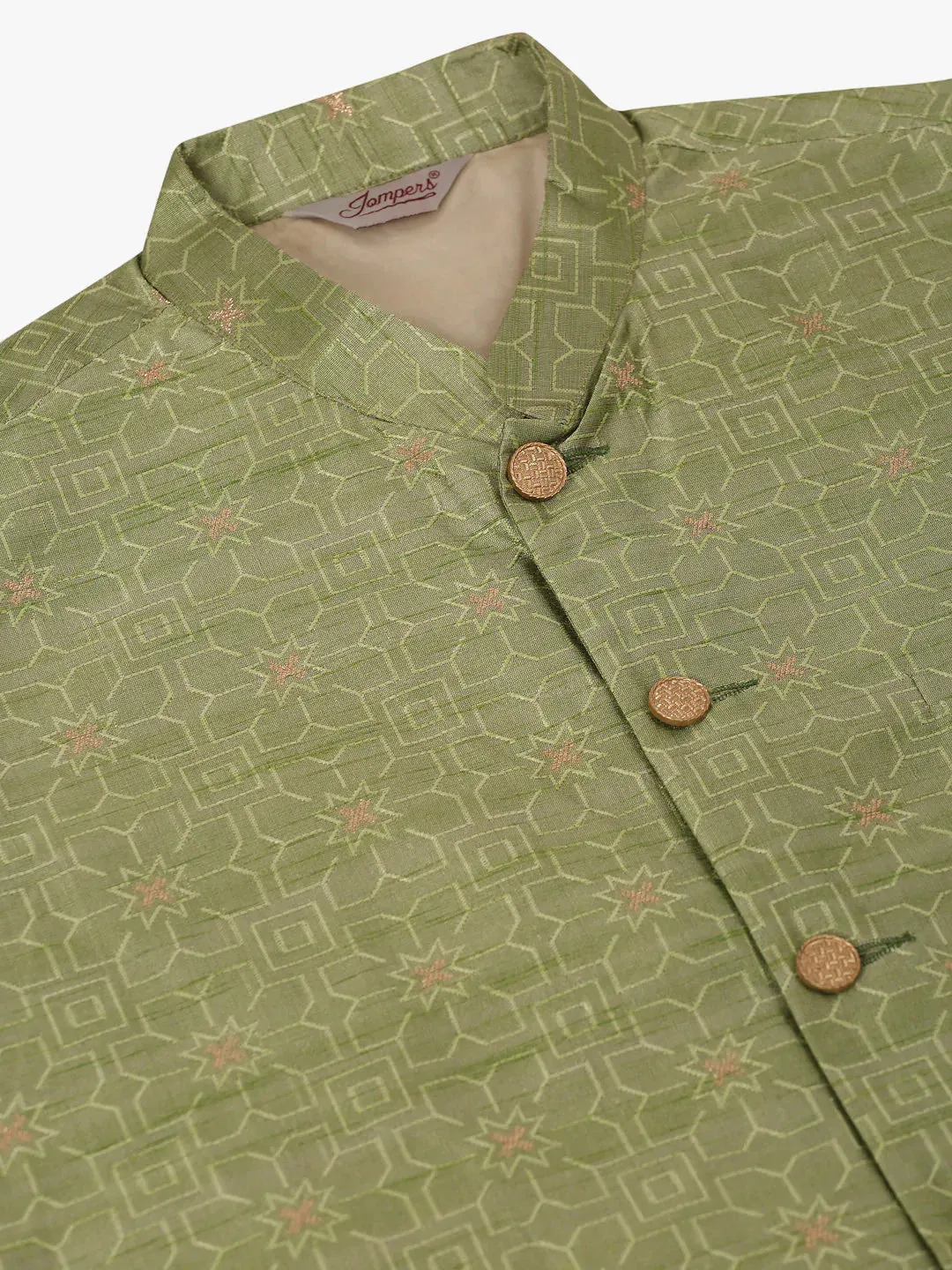 Men Beige & Golden Woven Design Nehru Jackets-Jowc_4045Pista