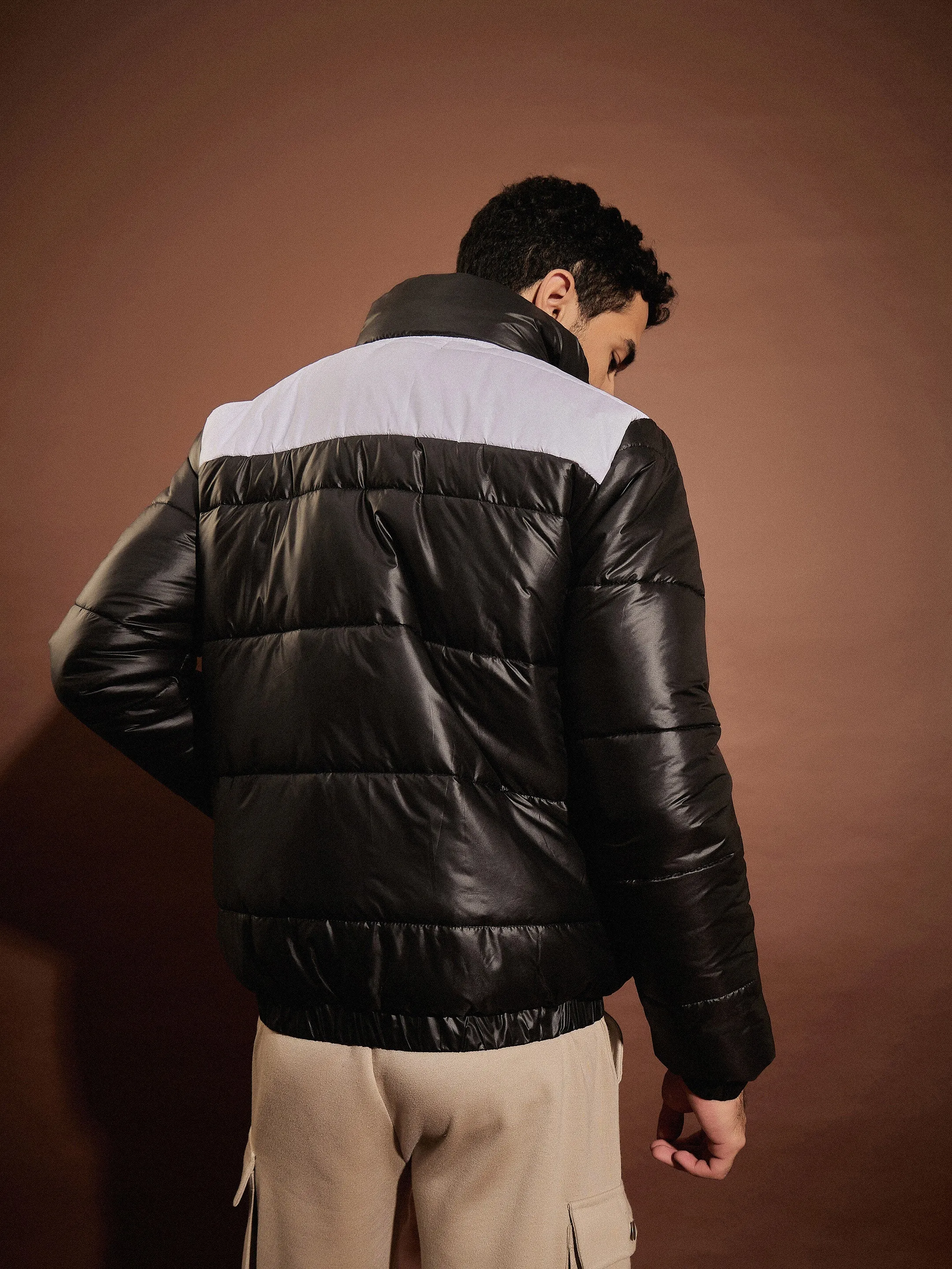 Men Black & White ColorBlock Puffer Jacket