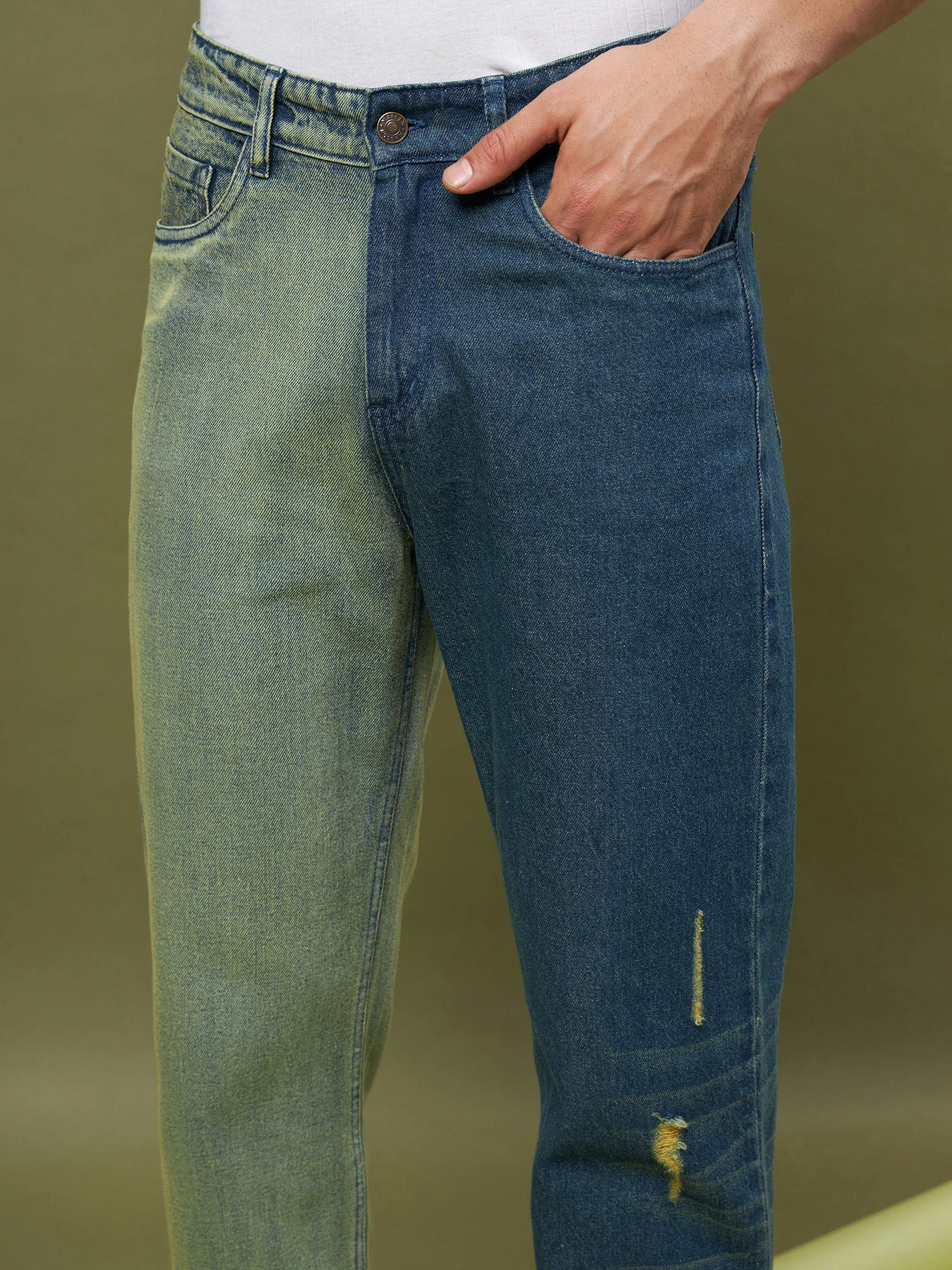 Men Blue & Olive Colorblock Relax Fit Jeans