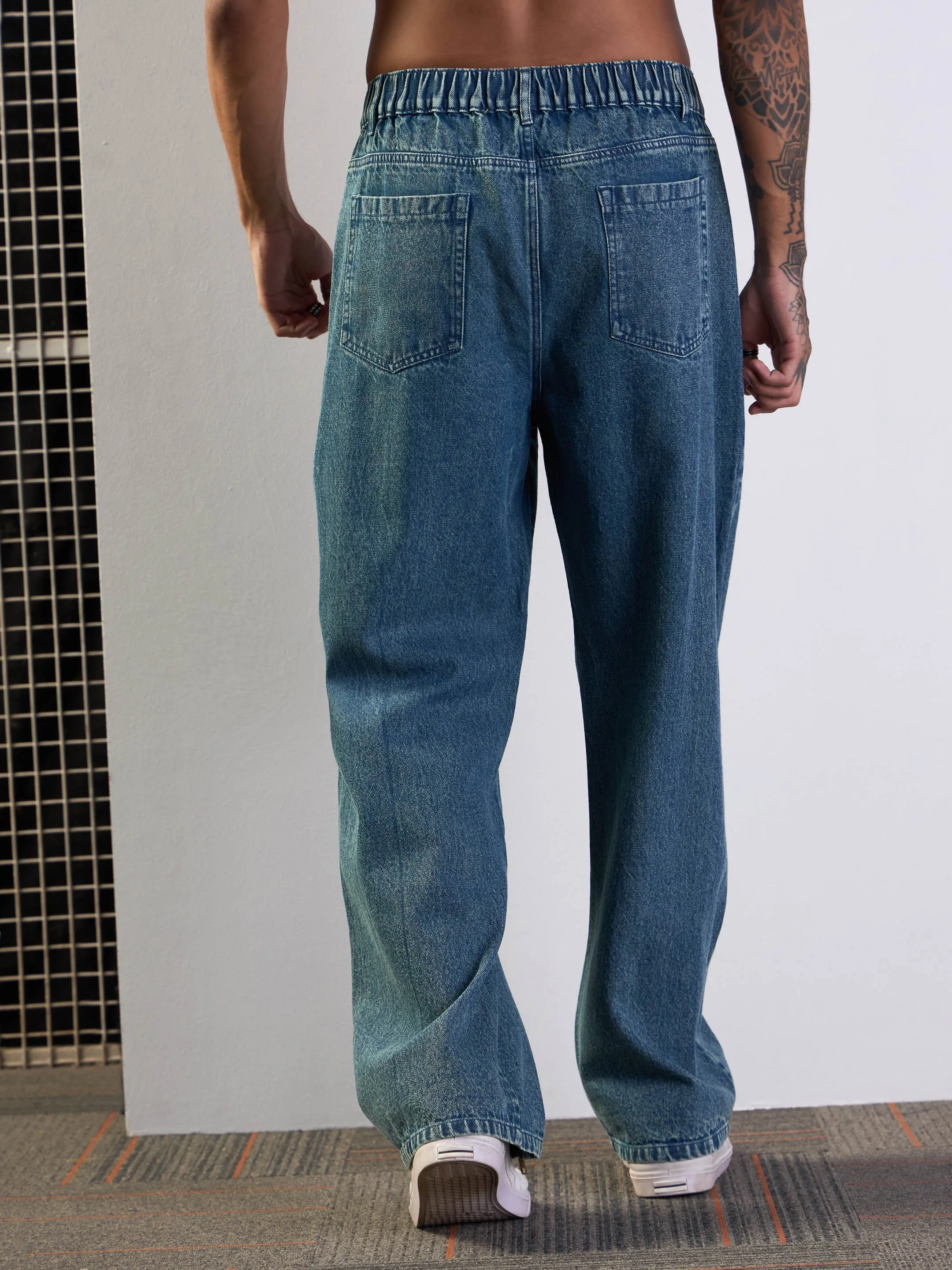 Men Blue Washed Front Zipper Baggy Jeans