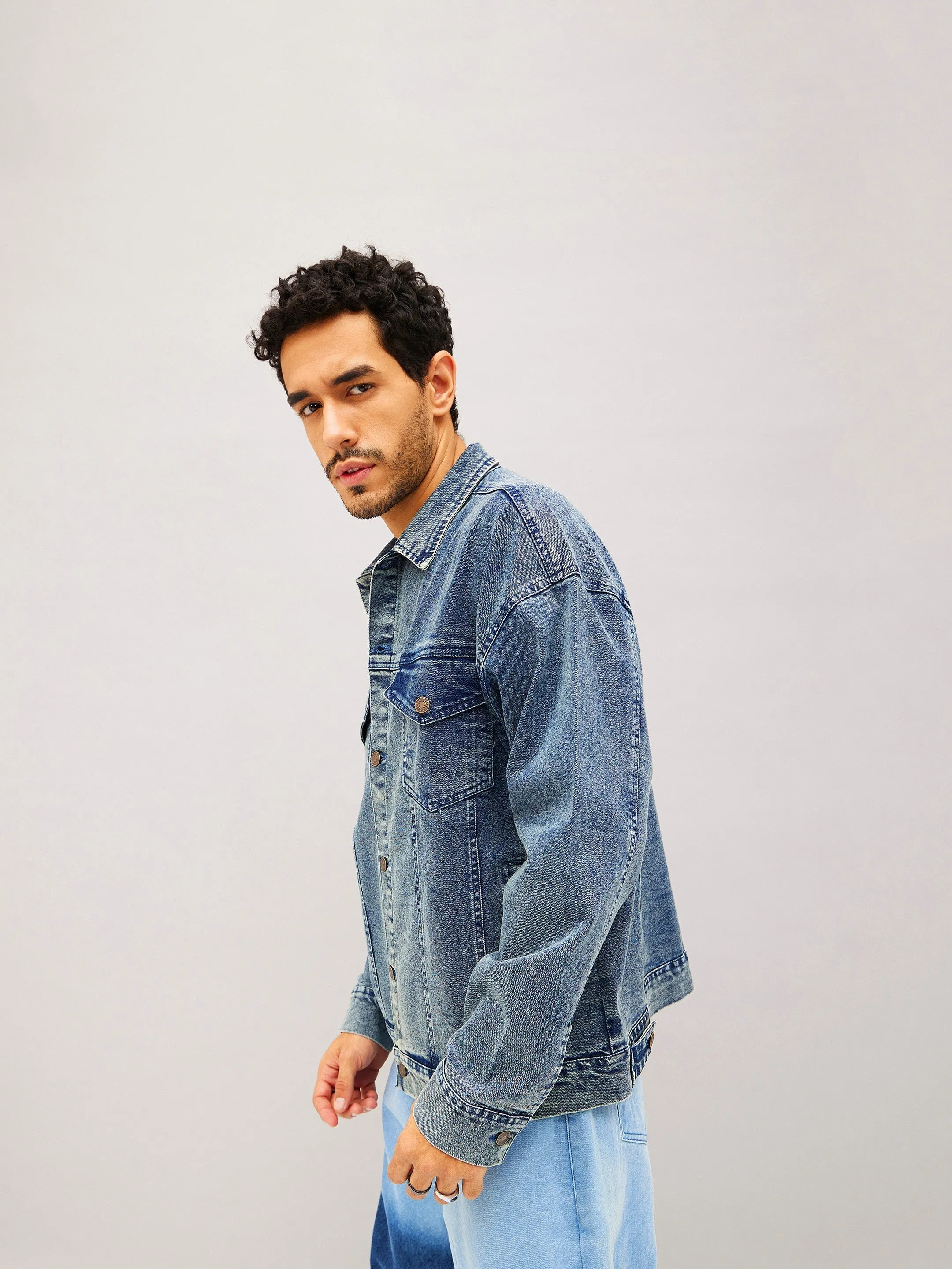 Men Blue Washed Relax Fit Denim Jacket