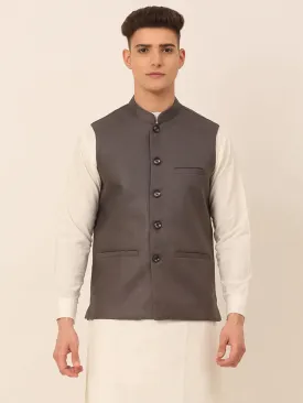 Men Charcoal Grey Solid Woven Sleeveless Nehru Jackets