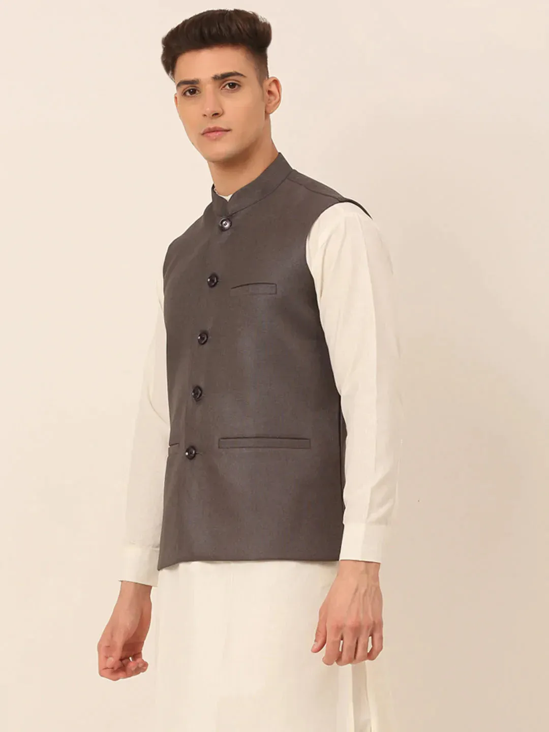 Men Charcoal Grey Solid Woven Sleeveless Nehru Jackets