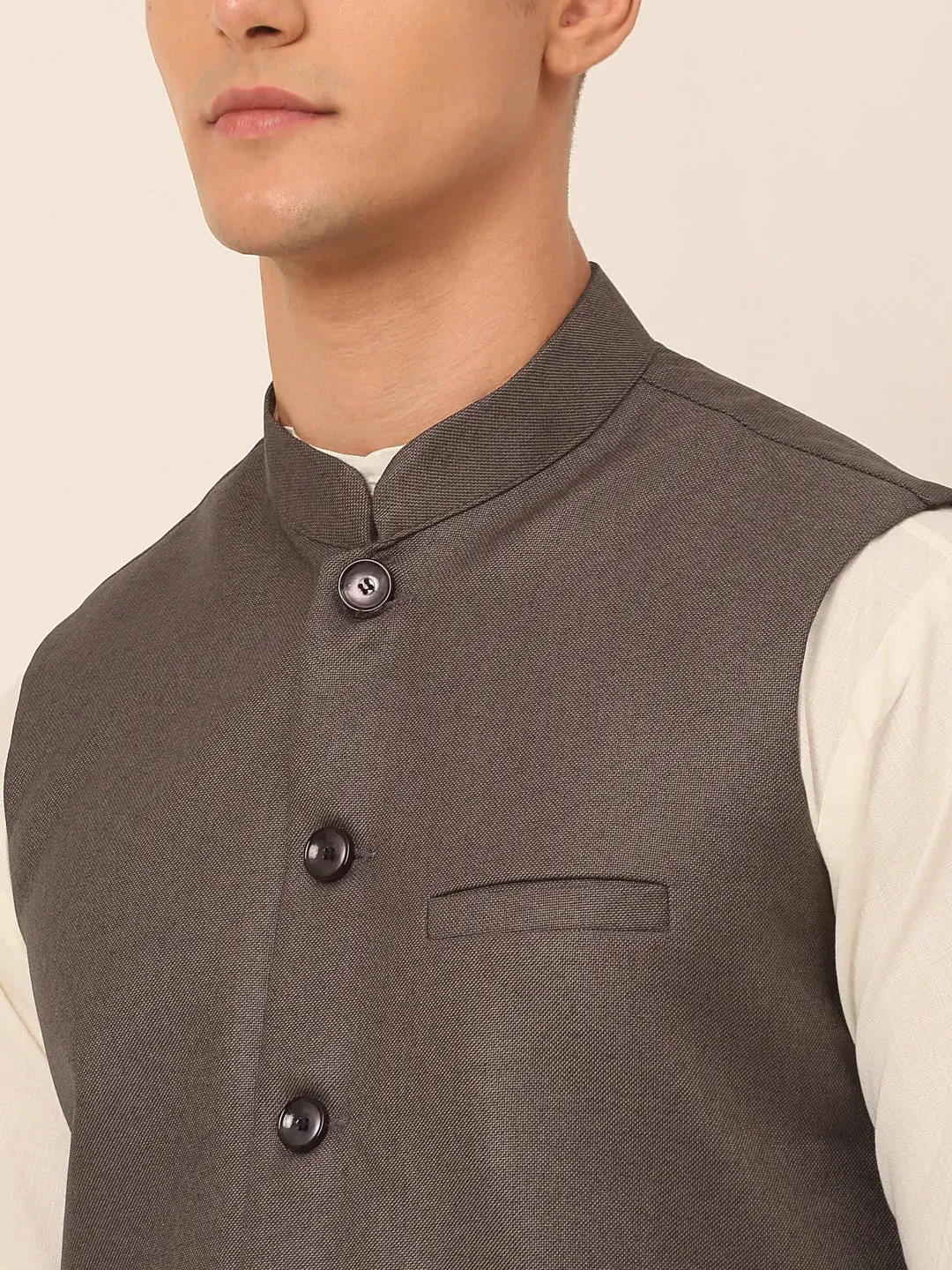 Men Charcoal Grey Solid Woven Sleeveless Nehru Jackets