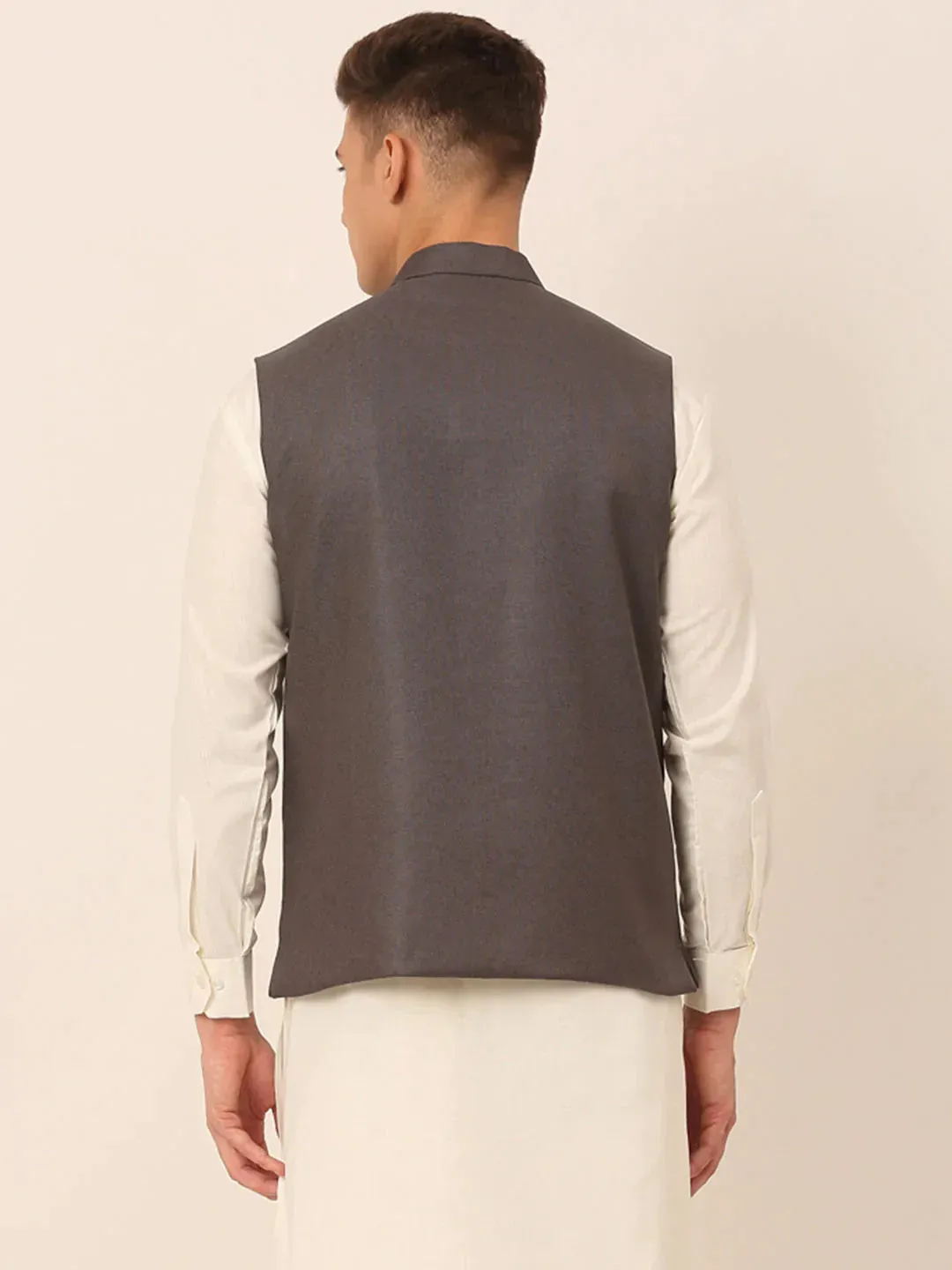 Men Charcoal Grey Solid Woven Sleeveless Nehru Jackets