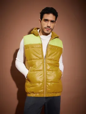 Men Khaki & Neon Yellow ColorBlock Sleeveless Hoodie Jacket