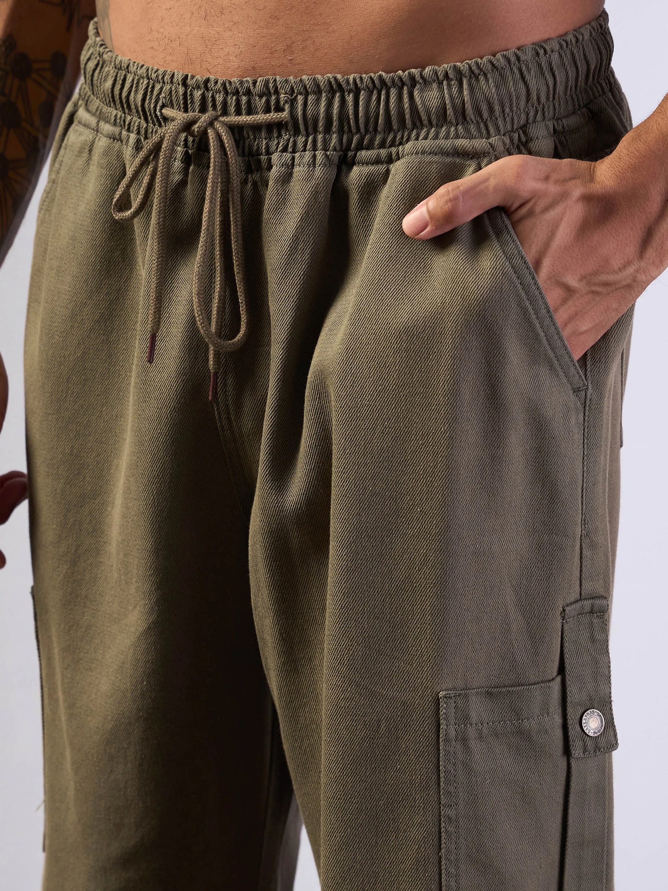 Men Khaki Front Detail Baggy Cargo Jeans