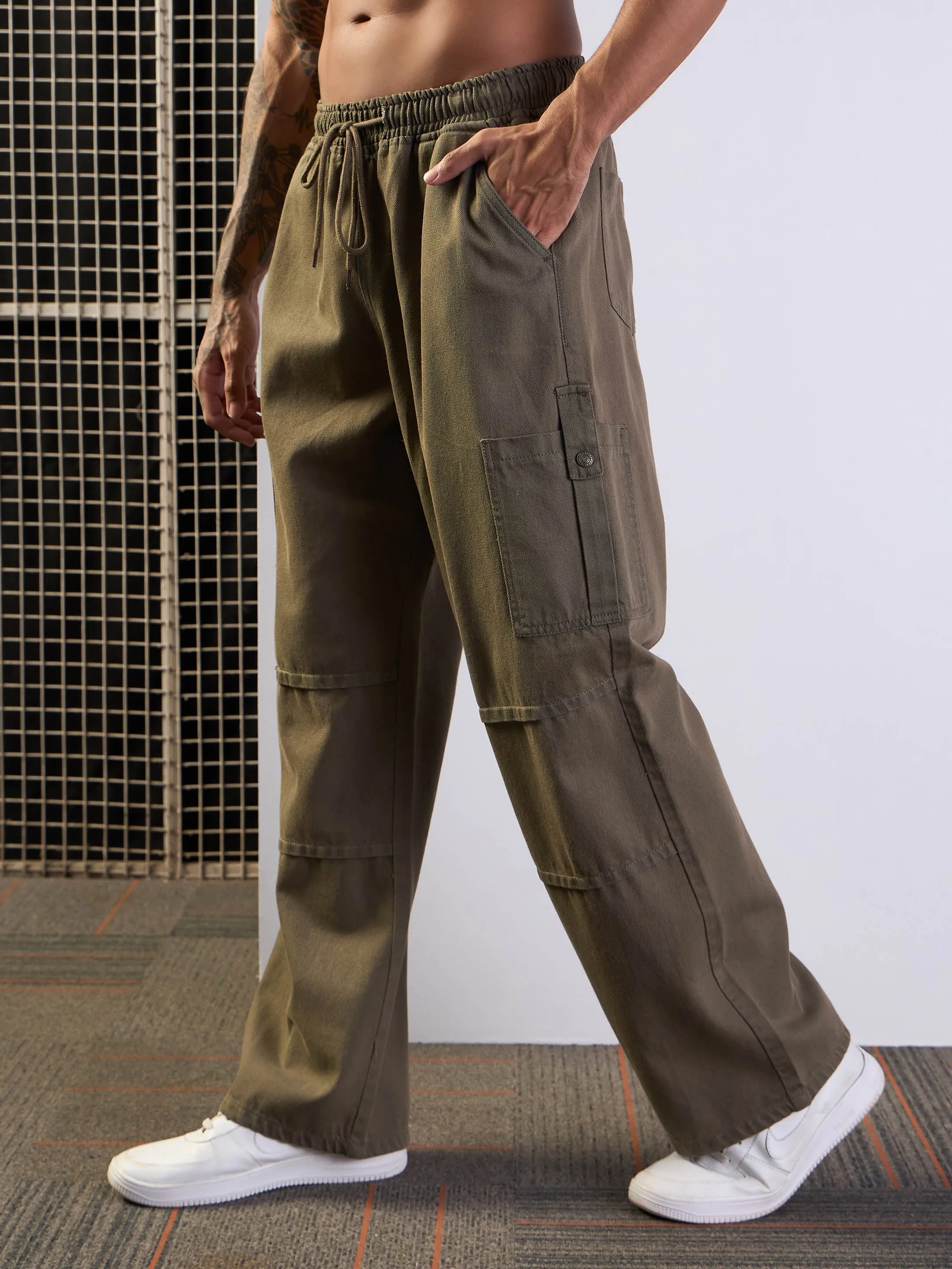 Men Khaki Front Detail Baggy Cargo Jeans