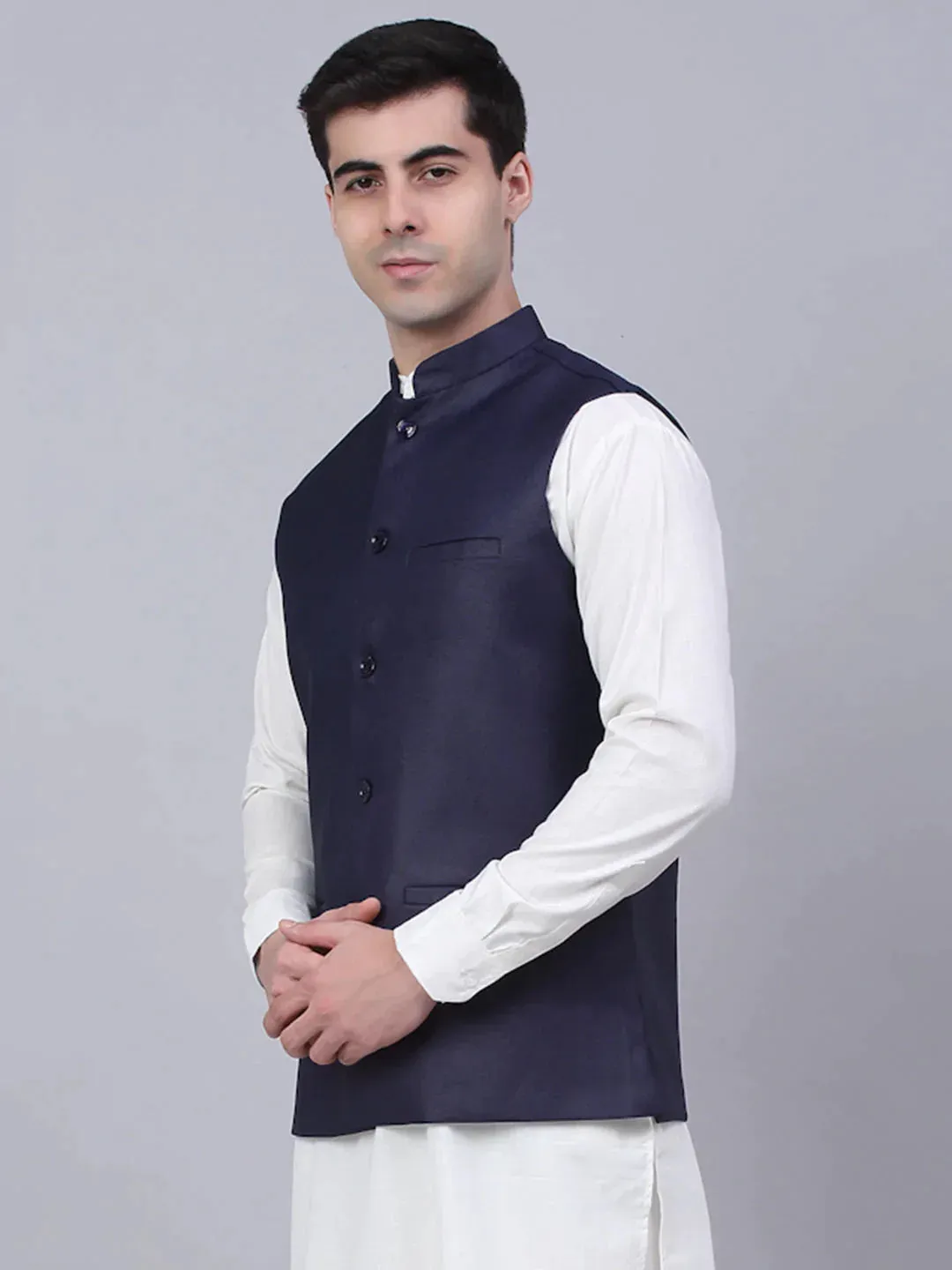 Men Navy Blue Solid Woven Sleeveless Nehru Jackets