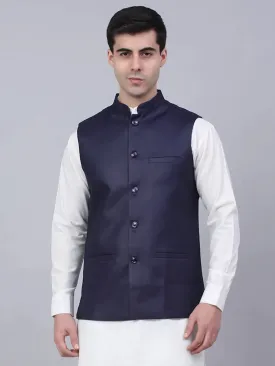 Men Navy Blue Solid Woven Sleeveless Nehru Jackets