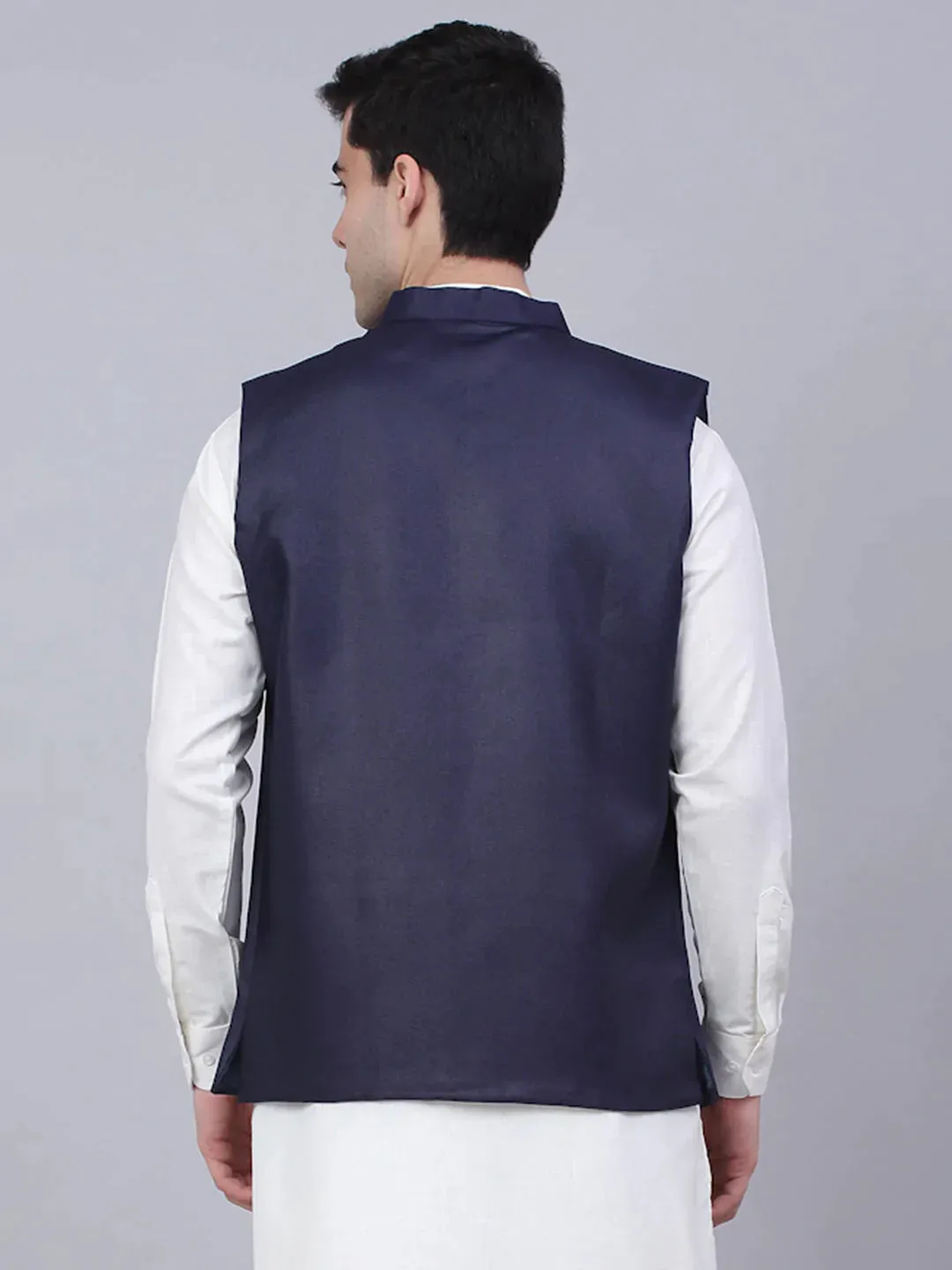 Men Navy Blue Solid Woven Sleeveless Nehru Jackets