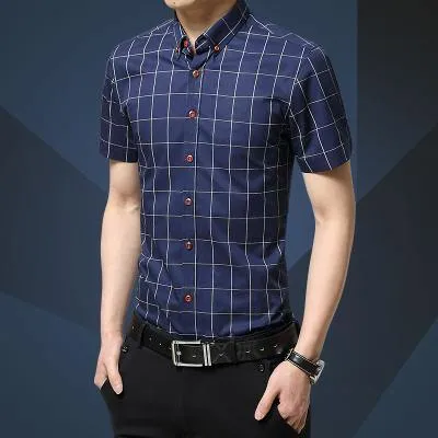 Men Shirt Men's Shorts Sleeve Slim Fit Checkered   Dress Shirt 2018 Summer Camisa Social Masculina Chemise Homme