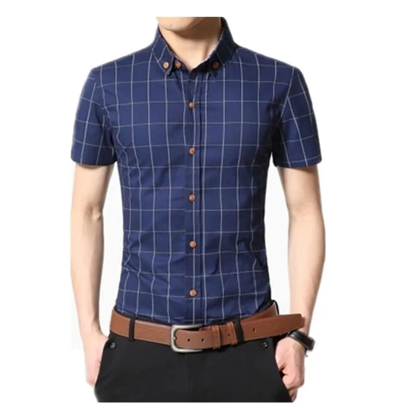 Men Shirt Men's Shorts Sleeve Slim Fit Checkered   Dress Shirt 2018 Summer Camisa Social Masculina Chemise Homme