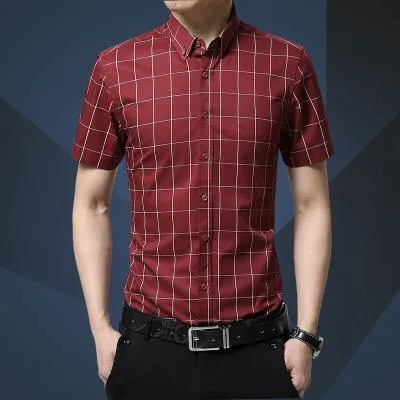 Men Shirt Men's Shorts Sleeve Slim Fit Checkered   Dress Shirt 2018 Summer Camisa Social Masculina Chemise Homme