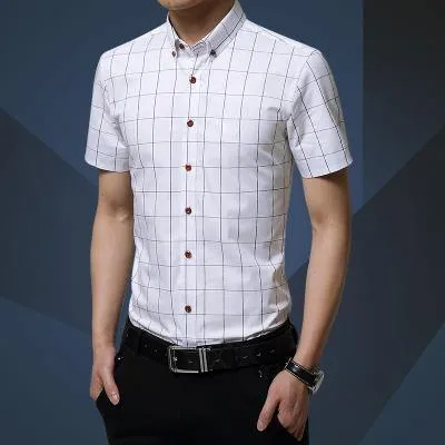 Men Shirt Men's Shorts Sleeve Slim Fit Checkered   Dress Shirt 2018 Summer Camisa Social Masculina Chemise Homme