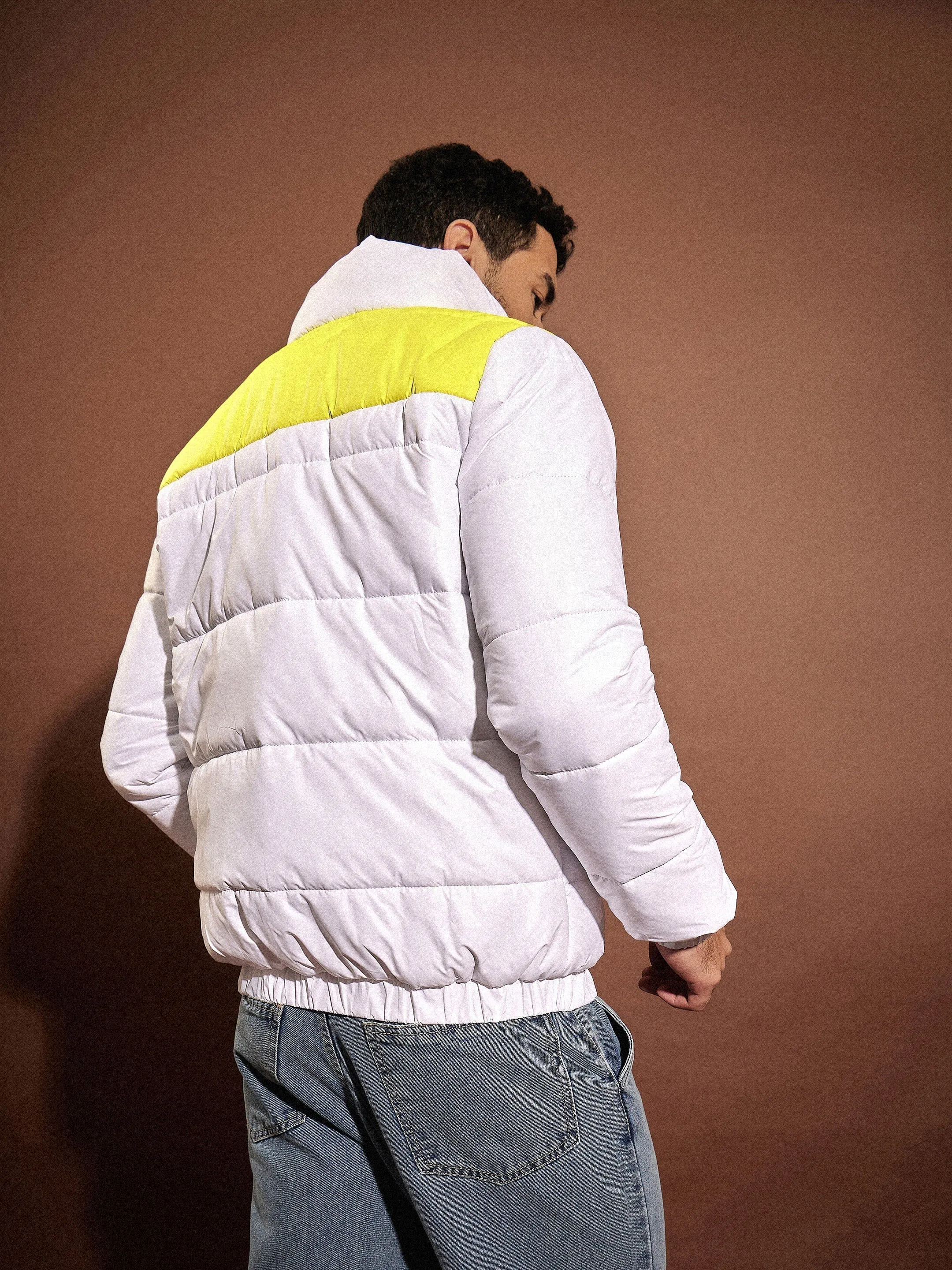 Men White & Yellow ColorBlock Puffer Jacket