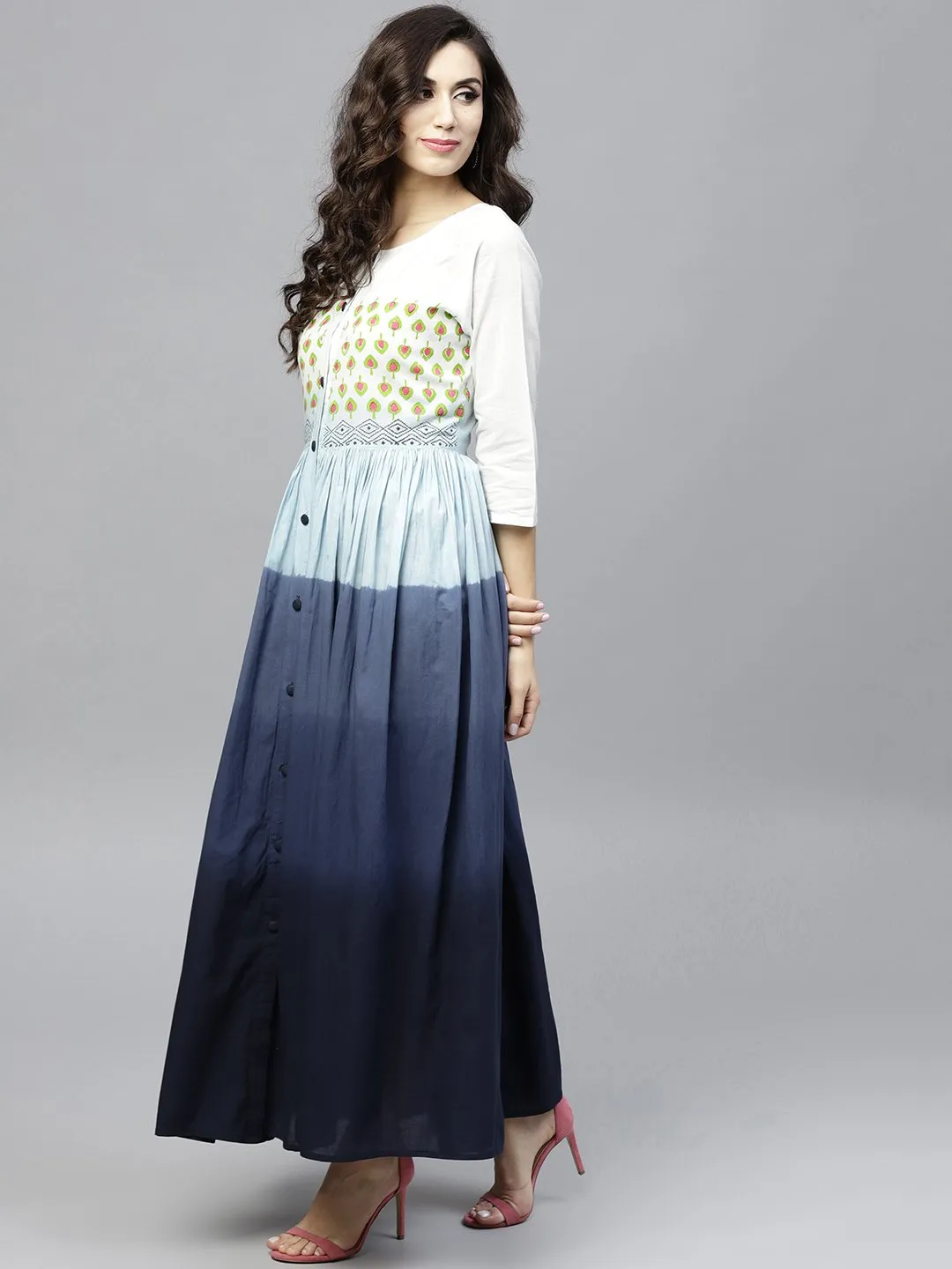 Multi Colored Ombre Dyed Round Neck Maxi Dress With Front Placket & 3/4 Sleeves