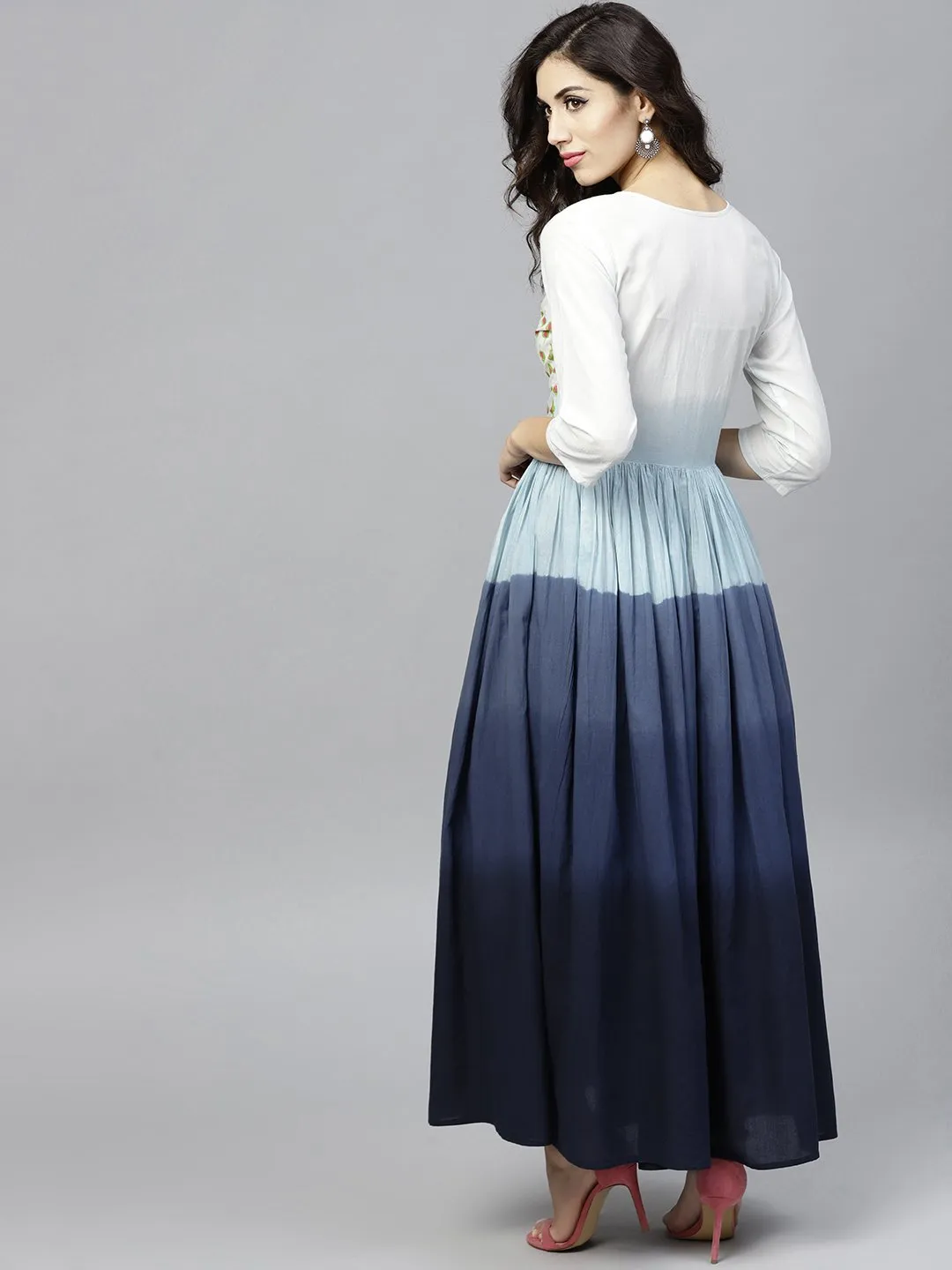 Multi Colored Ombre Dyed Round Neck Maxi Dress With Front Placket & 3/4 Sleeves