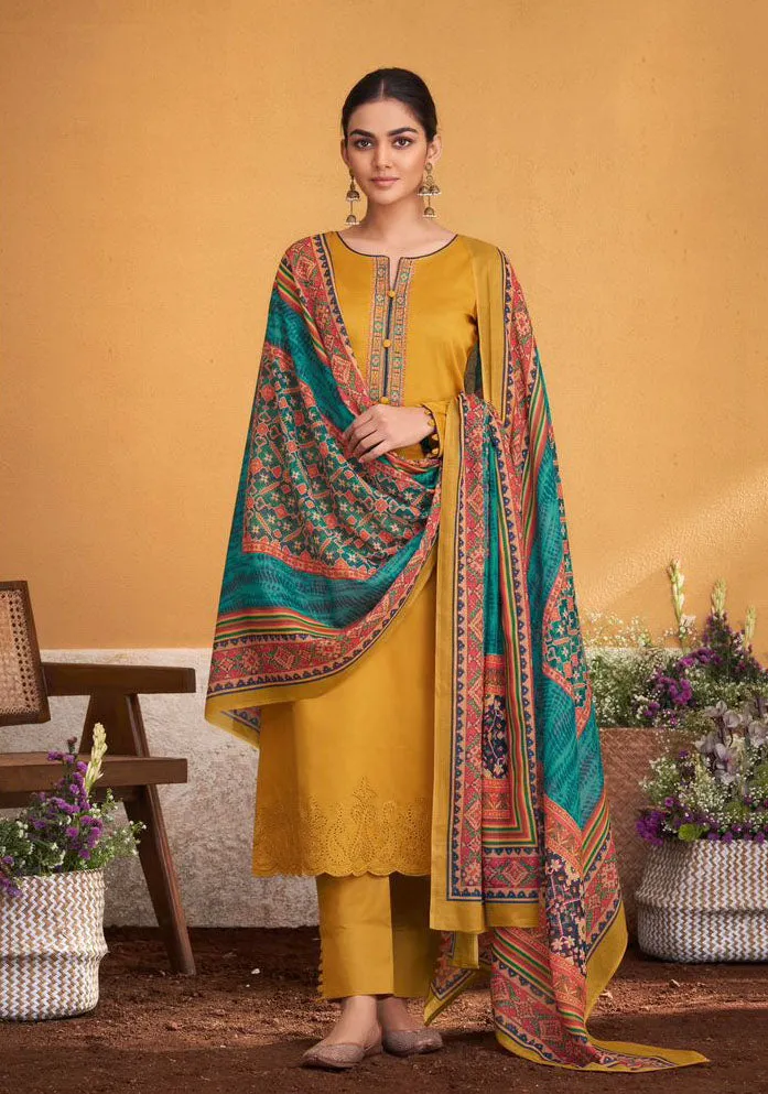 Mumtaz Arts Pure Jam Satin Unstitched Yellow Suits Material with Embroidery