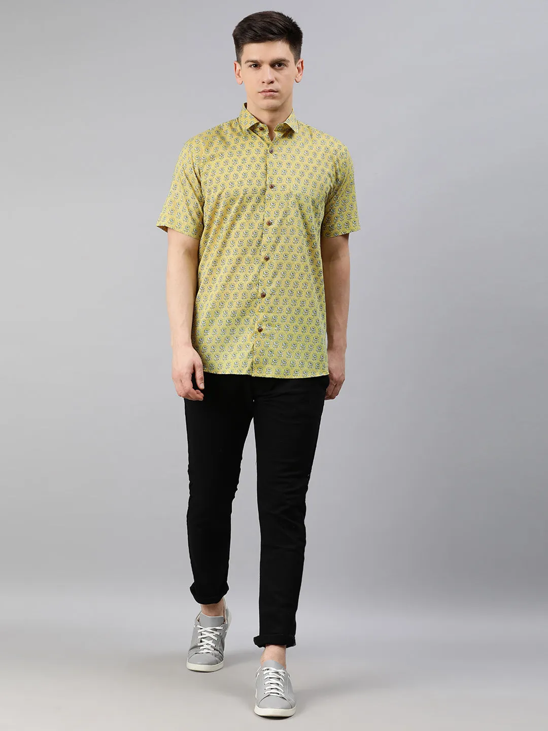 Mustard Cotton Short Sleeves Shirts For Men-Mmh04