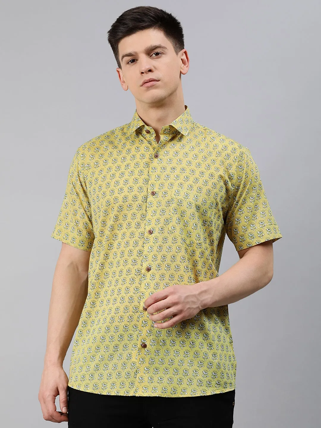 Mustard Cotton Short Sleeves Shirts For Men-Mmh04