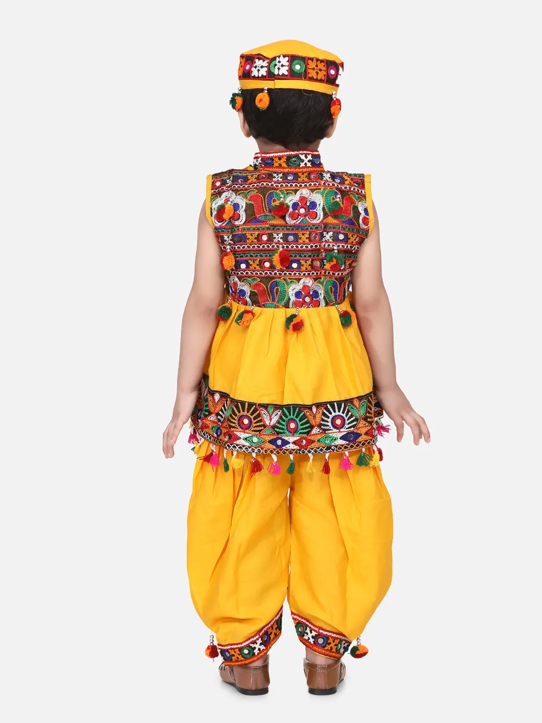 Navratri Embroidered kediya with Dhoti and Cap for Boys- Yellow