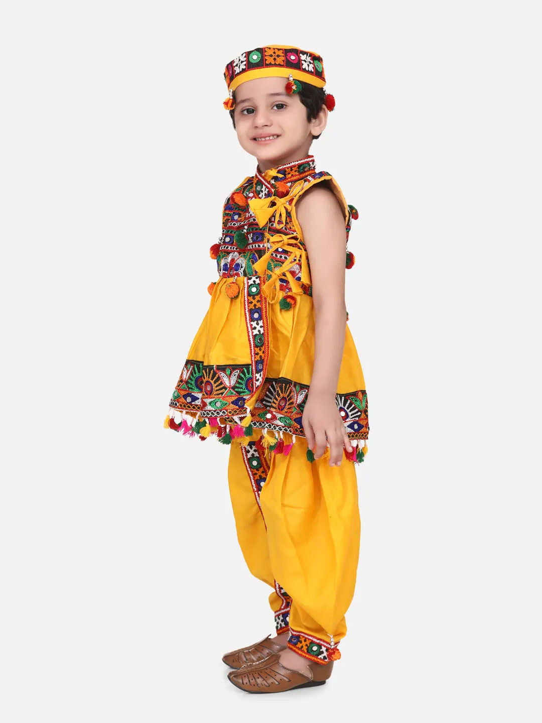 Navratri Embroidered kediya with Dhoti and Cap for Boys- Yellow