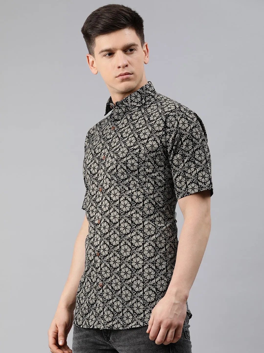 Navy Black Cotton Short Sleeves Shirts For Men-Mmh007