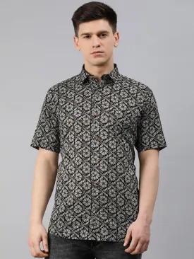 Navy Black Cotton Short Sleeves Shirts For Men-Mmh007