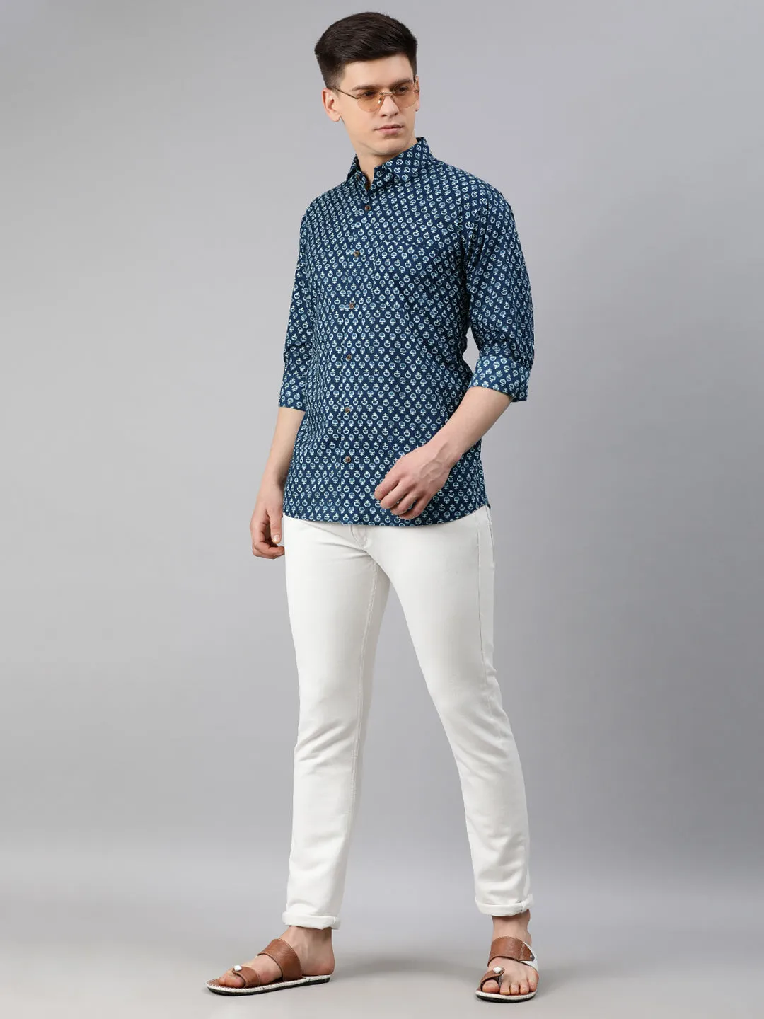 Navy Blue Cotton Full Sleeves Shirts For Men-Mmf023