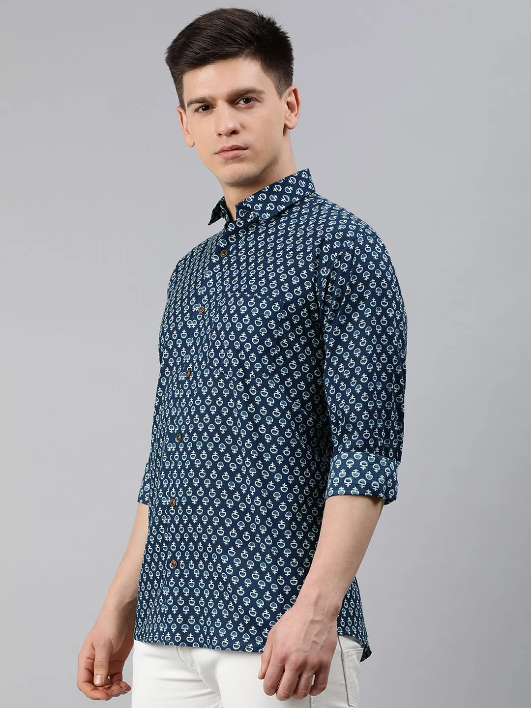 Navy Blue Cotton Full Sleeves Shirts For Men-Mmf023