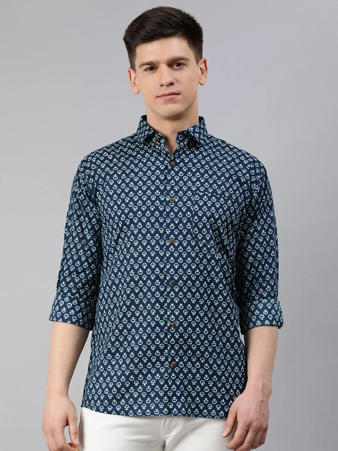 Navy Blue Cotton Full Sleeves Shirts For Men-Mmf023