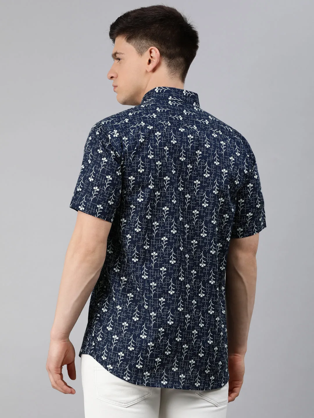 Navy Blue Cotton Short Sleeves Shirts For Men-Mmh033