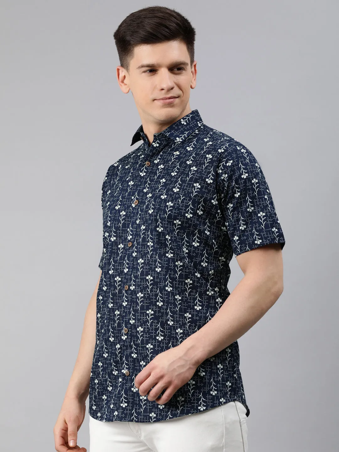 Navy Blue Cotton Short Sleeves Shirts For Men-Mmh033