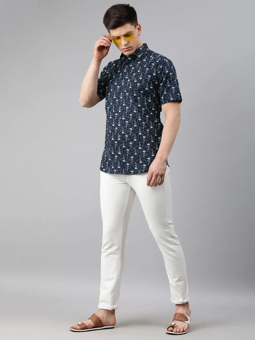 Navy Blue Cotton Short Sleeves Shirts For Men-Mmh033