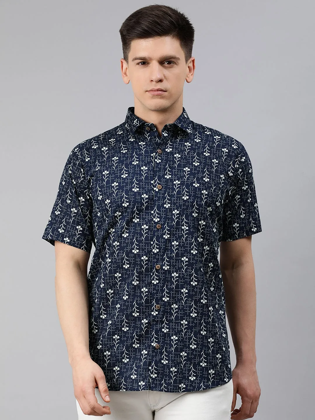 Navy Blue Cotton Short Sleeves Shirts For Men-Mmh033