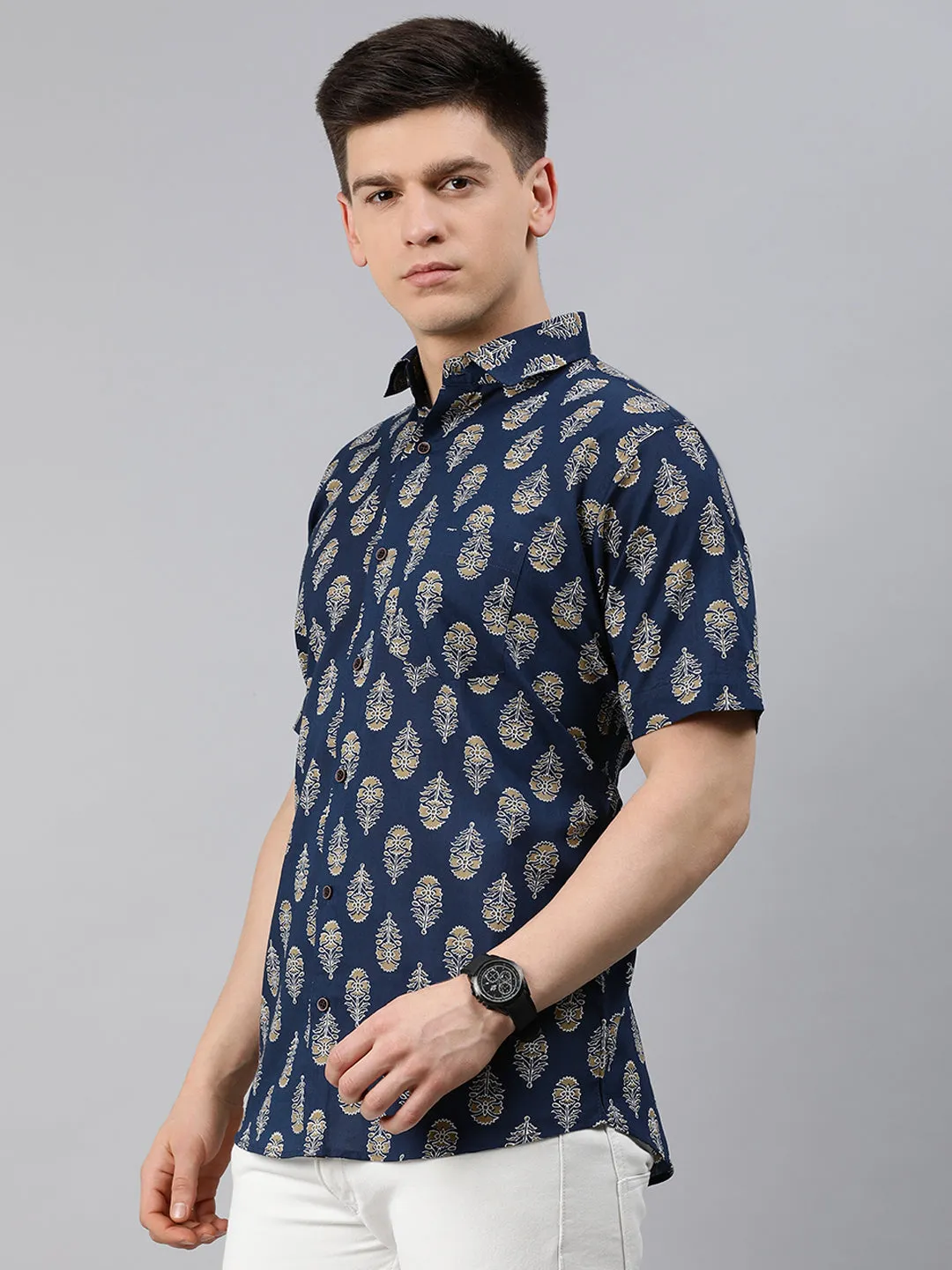 Nevy Blue Cotton Short Sleeves Shirts For Men-Mmh022