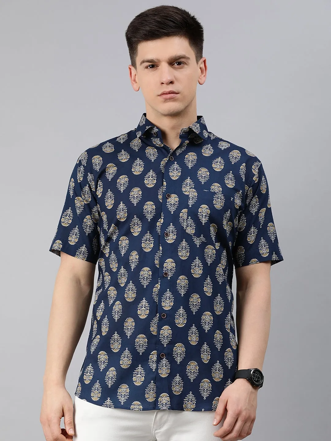 Nevy Blue Cotton Short Sleeves Shirts For Men-Mmh022