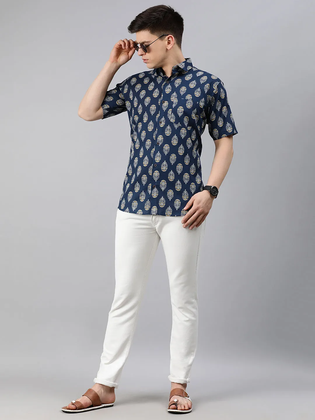 Nevy Blue Cotton Short Sleeves Shirts For Men-Mmh022