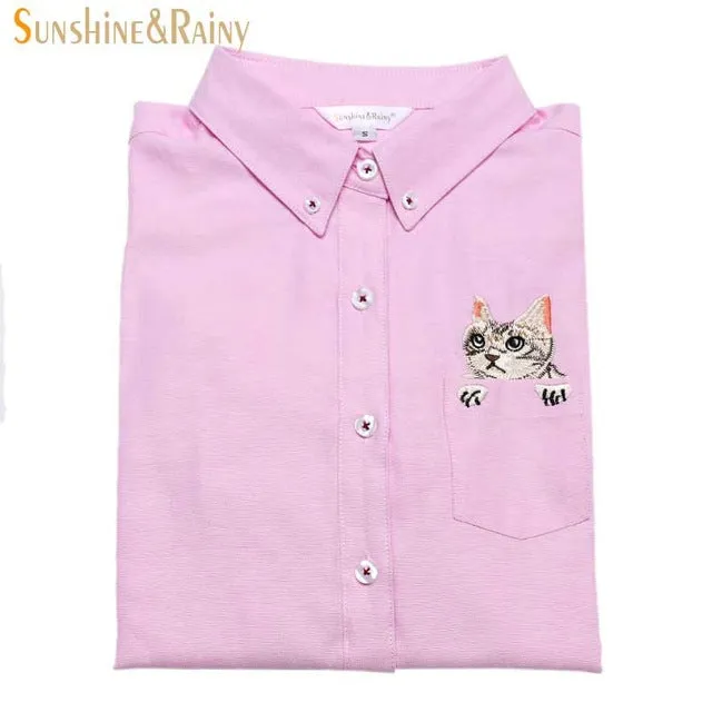 New High Quality Spring Autumn Women Blouse Cats Embroidery Long Sleeve Work Shirts Women office Tops White shirts for business