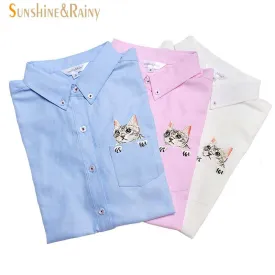 New High Quality Spring Autumn Women Blouse Cats Embroidery Long Sleeve Work Shirts Women office Tops White shirts for business